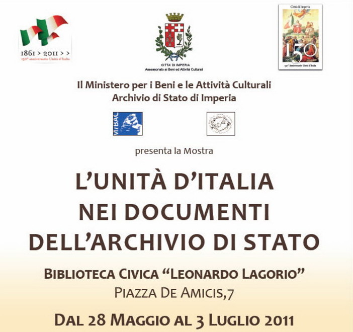 Imperia: con l'Archivio di Stato la mostra 'L’Unità d’Italia nei documenti dell’Archivio di Stato'