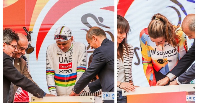 Lotte Kopecky e Tadej Pogačar inaugurano la tradizione: dopo l'arrivo della Milano-Sanremo le loro impronte per la 'Walk of Fame' (Foto)