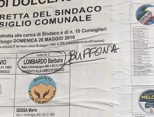 Dolceacqua: offese sui manifesti elettorali al candidato a Sindaco Barbara Lombardo "Sono davvero amareggiata!" Dolceacqua: offese sui manifesti elettorali al candidato a Sindaco Barbara Lombardo "Sono davvero amareggiata!"
