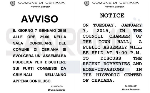 Ceriana: furti commessi nell'anno che sta per terminare, convocata assemblea cittadina il 7 gennaio Ceriana: furti commessi nell'anno che sta per terminare, convocata assemblea cittadina il 7 gennaio