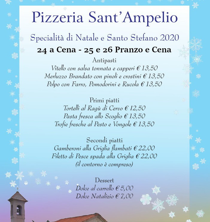 Bordighera: al ristorante pizzeria 'Sant'Ampelio' uno speciale menù con consegna a casa per Natale Bordighera: al ristorante pizzeria 'Sant'Ampelio' uno speciale menù con consegna a casa per Natale