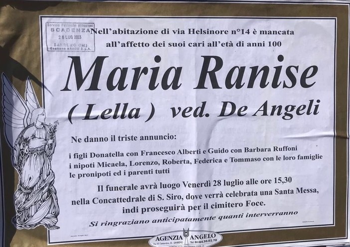 Lutto al Lions Club Sanremo Host per la morte della mamma del Presidente Guido De Angeli
