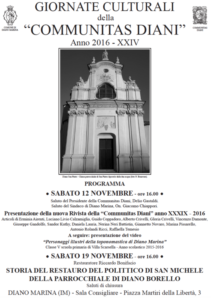 Diano Marina: il 12 ed il 19 novembre torneranno le giornate culturali organizzate dalla Communitas Diani