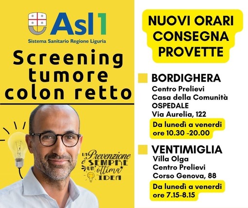 Screening tumore colon retto, ecco i nuovi orari nel distretto di Ventimiglia