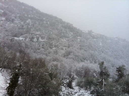 La foto della nevicata di ieri pomeriggio ad Aurigo nell'entroterra di Imperia