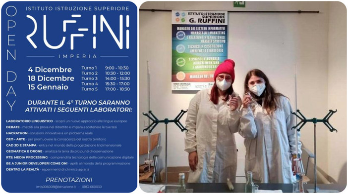 Imperia: dal 4 dicembre tre Open Day con l'Istituto Ruffini, appuntamento con i laboratori pratici Imperia: dal 4 dicembre tre Open Day con l'Istituto Ruffini, appuntamento con i laboratori pratici