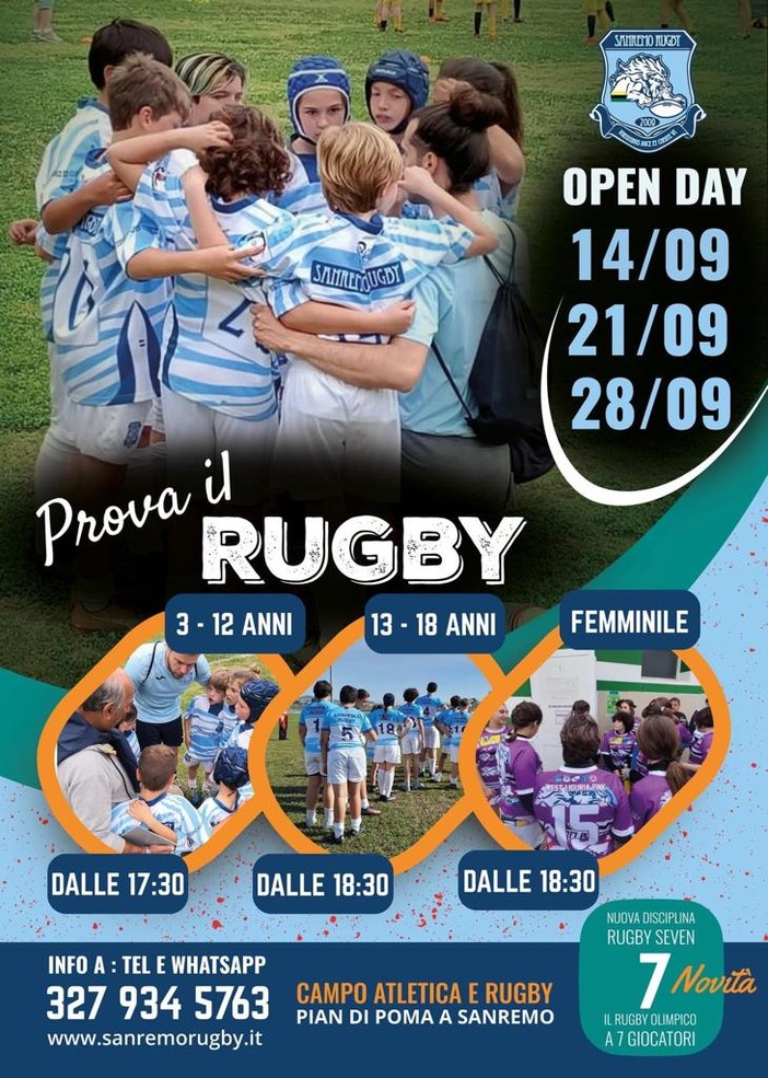A settembre tre appuntamenti con gli open day del Sanremo Rugby A settembre tre appuntamenti con gli open day del Sanremo Rugby