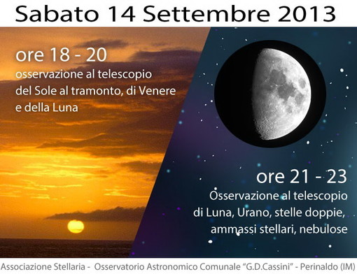 Doppio appuntamento domani dalle 18 con l'associazione Stellaria all'Osservatorio Astronomico Comunale 'G.D.Cassini' di Perinaldo