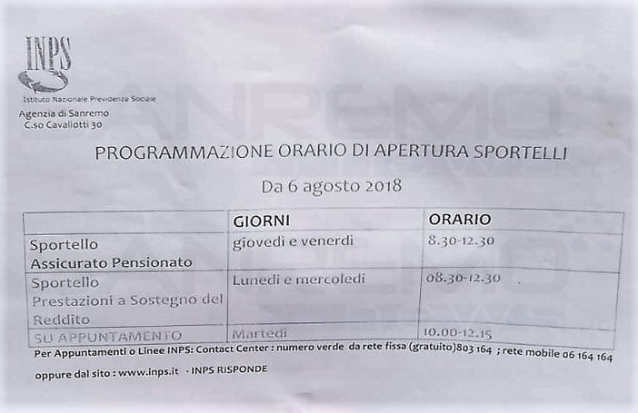 Sanremo: non si placano i problemi dell'Inps, gli utenti hanno un doppio orario che riporta come sede corso Cavallotti