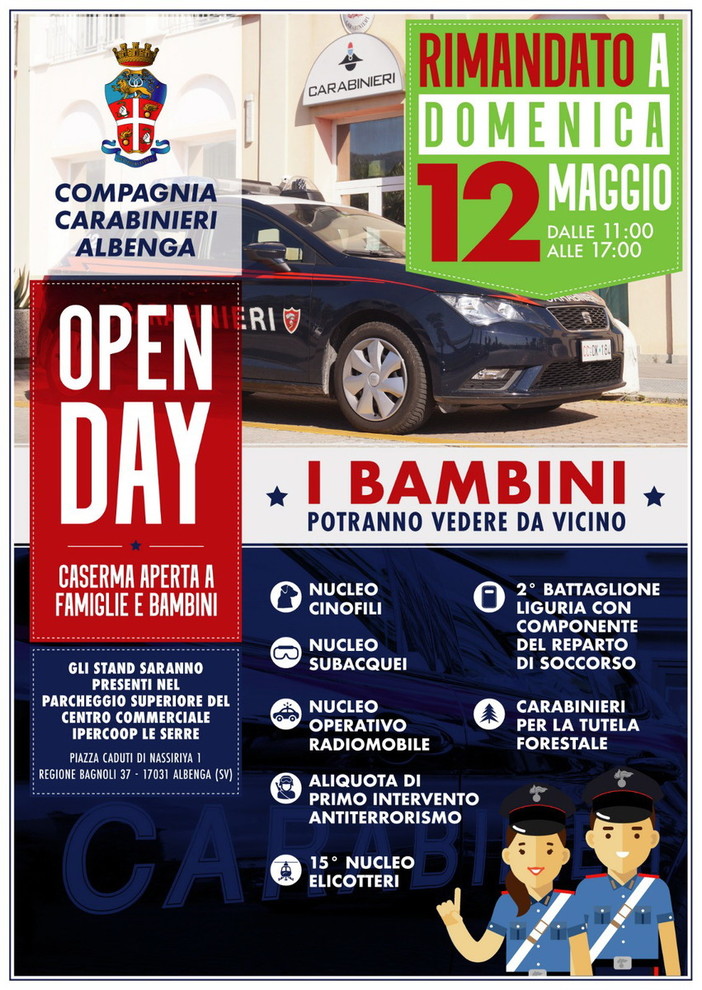 Albenga: domenica prossima appuntamento con l'Open Day alla caserma dei Carabinieri ingauni Albenga: domenica prossima appuntamento con l'Open Day alla caserma dei Carabinieri ingauni