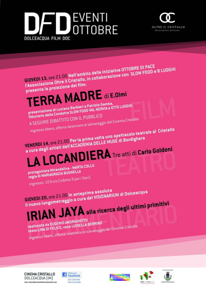 Dolceacqua: la programmazione del cinema Cristallo nel mese di ottobre Dolceacqua: la programmazione del cinema Cristallo nel mese di ottobre