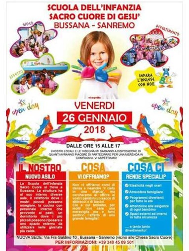 Sanremo: domani alle 15 'open day' all'asilo “Sacro Cuore di Gesù” di Bussana