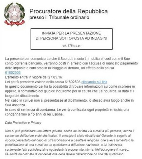 Anche nella nostra provincia molti 'internauti' colpiti dal 'phishing' che simula mail dalla Procura della Repubblica Anche nella nostra provincia molti 'internauti' colpiti dal 'phishing' che simula mail dalla Procura della Repubblica