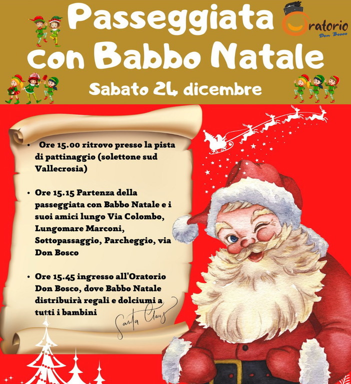 Vallecrosia: sabato prossimo una 'passeggiata' con Babbo Natale con l'Oratorio Don Bosco Vallecrosia: sabato prossimo una 'passeggiata' con Babbo Natale con l'Oratorio Don Bosco