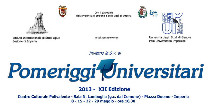 Nel mese di maggio torna l'appuntamento con i 'Pomeriggi Universitari' dell'Istituto di Studi Liguri Nel mese di maggio torna l'appuntamento con i 'Pomeriggi Universitari' dell'Istituto di Studi Liguri