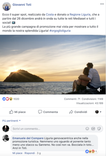 Il commento di Del Compare sulla pagina Facebook di Toti Il commento di Del Compare sulla pagina Facebook di Toti
