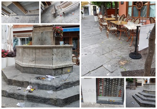 Sanremo: parte alta di piazza Bresca devastata dalla 'Movida', bicchieri, sporcizia e vomito ovunque (Foto)