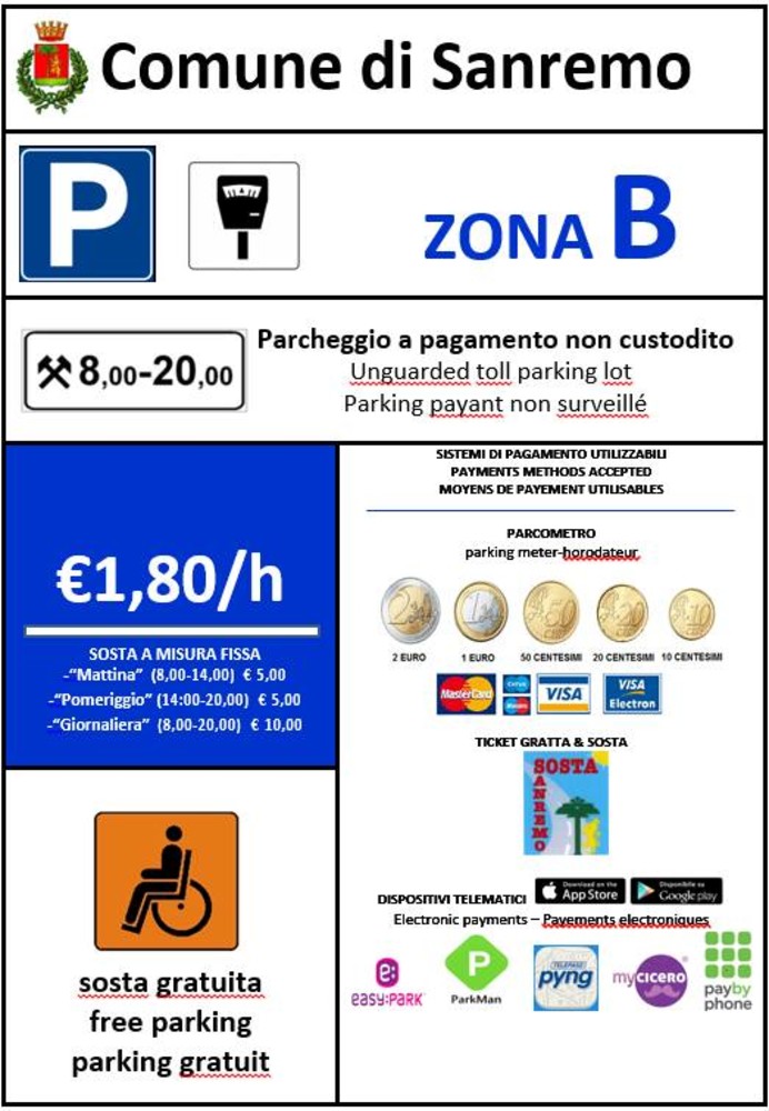 Sanremo: da domani tornano le tariffe agevolate dei parcheggi per giornata intera o mezza (10 e 5 euro) Sanremo: da domani tornano le tariffe agevolate dei parcheggi per giornata intera o mezza (10 e 5 euro)