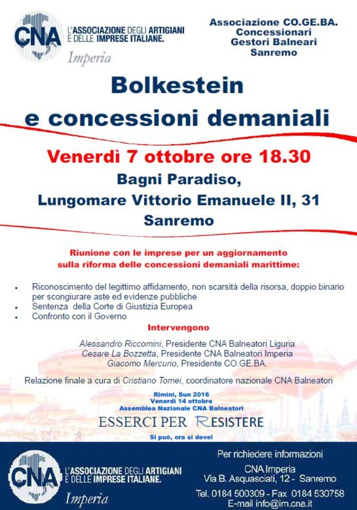 Sanremo: oggi pomeriggio ai Bagni Paradiso incontro su ‘Bolkestein e concessioni demaniali’ Sanremo: oggi pomeriggio ai Bagni Paradiso incontro su ‘Bolkestein e concessioni demaniali’