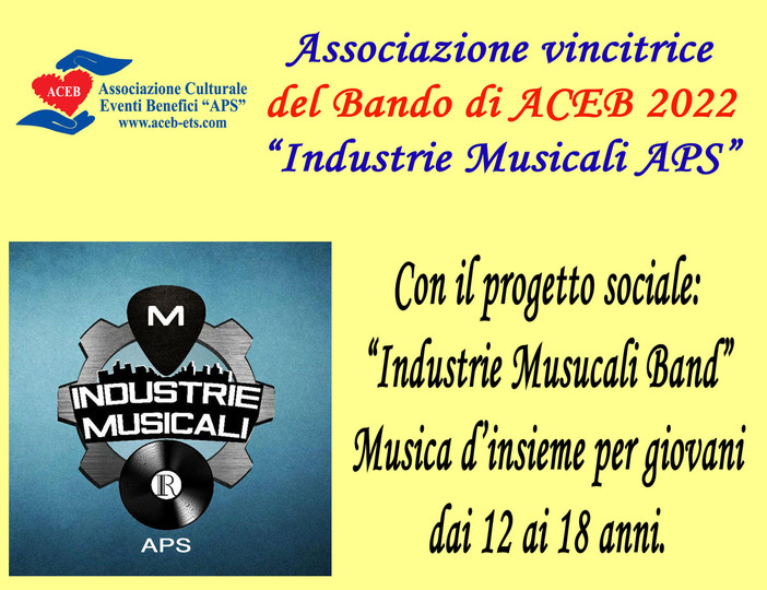 Bando ACEB 2022 all'associazione Industrie Musicali APS di Vallecrosia Bando ACEB 2022 all'associazione Industrie Musicali APS di Vallecrosia