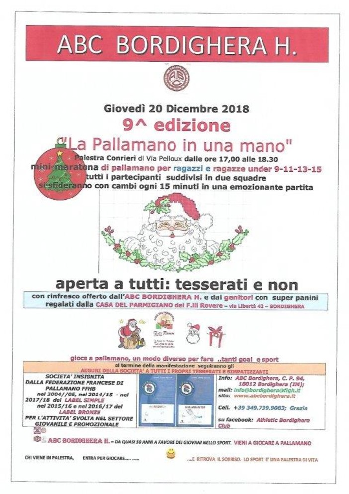 Bordighera: il 20 dicembre torna l'appuntamento con “La Pallamano in una mano” Bordighera: il 20 dicembre torna l'appuntamento con “La Pallamano in una mano”