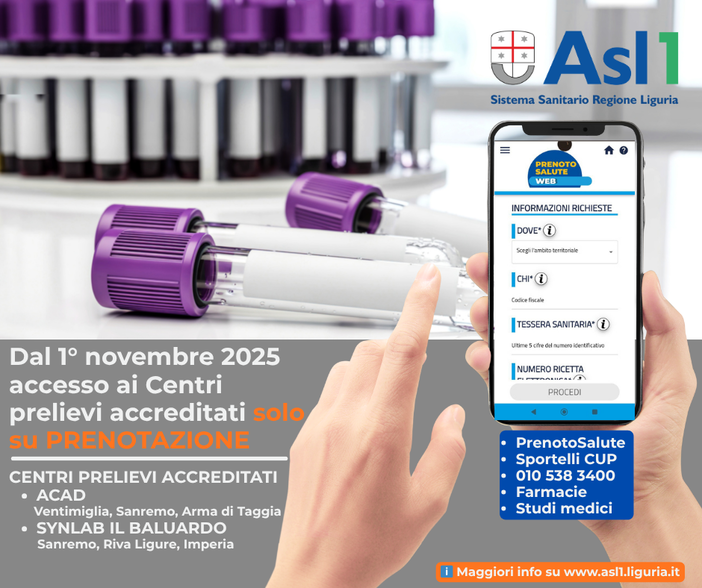 ASL1, dal 1° novembre accesso ai centri prelievi accreditati solo su prenotazione ASL1, dal 1° novembre accesso ai centri prelievi accreditati solo su prenotazione