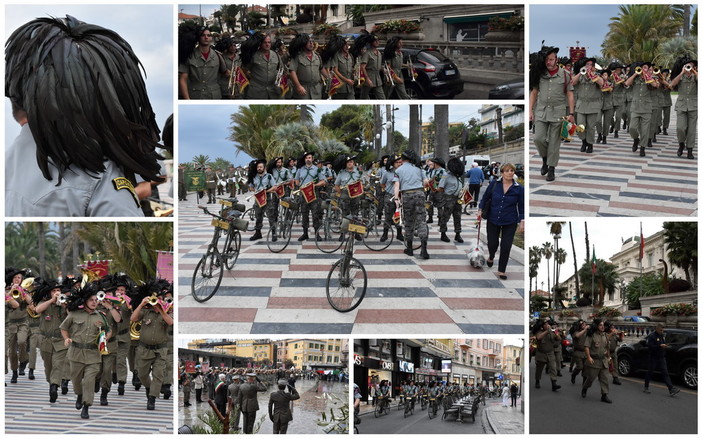 Sanremo: la pioggia disturba ma non ferma la 'Parata delle Fanfare', bersaglieri di corsa e in bici (Foto e Video)