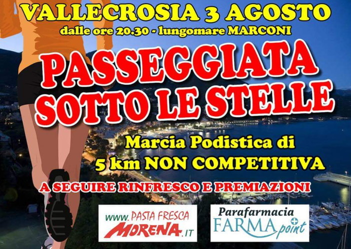 Vallecrosia: il 3 agosto prossimo appuntamento di svago e sport con la 'Passeggiata sotto le stelle' Vallecrosia: il 3 agosto prossimo appuntamento di svago e sport con la 'Passeggiata sotto le stelle'