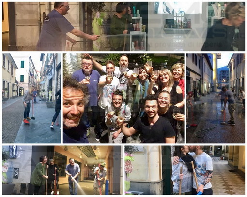 Imperia: pulizie di Pasqua in via Monti a opera dei commercianti. Bellotti: "Iniziativa condivisa e divertente" (Foto e Video)