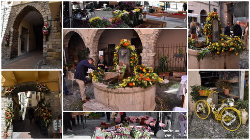 Sanremo: allestimento di 'Pasqua in Fiore', la Pigna invasa dai turisti e c'è l'infiorata in piazza Borea D'Olmo (Foto)