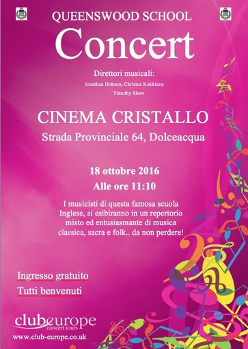 Dolceacqua: martedì 18 ottobre concerto della Queenswood School al Cinema Cristallo Dolceacqua: martedì 18 ottobre concerto della Queenswood School al Cinema Cristallo