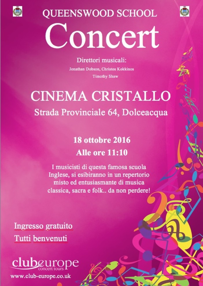 Dolceacqua: martedì 18 ottobre concerto della Queenswood School al Cinema Cristallo
