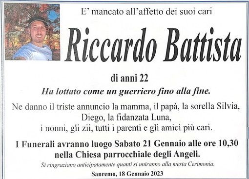 Sanremo: sabato mattina alla chiesa degli Angeli i funerali di Riccardo Battista, il 22enne morto stamattina Sanremo: sabato mattina alla chiesa degli Angeli i funerali di Riccardo Battista, il 22enne morto stamattina