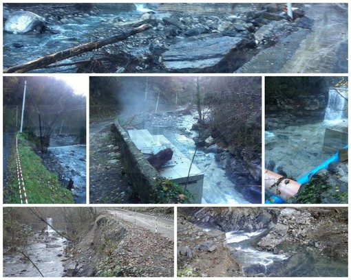 Val Nervia: la piena del Rio Gordale ha abbattuto un palo Telecom e rotto gli argini, strada chiusa (Foto)