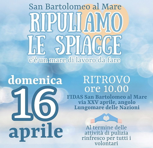 San Bartolomeo al Mare: domenica con Fidas ‘RipuliAMO le spiagge’, giornata dedicata alla salvaguardia dell’ambiente marino San Bartolomeo al Mare: domenica con Fidas ‘RipuliAMO le spiagge’, giornata dedicata alla salvaguardia dell’ambiente marino