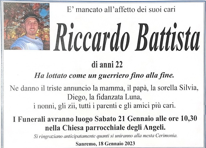 Sanremo: sabato mattina alla chiesa degli Angeli i funerali di Riccardo Battista, il 22enne morto stamattina Sanremo: sabato mattina alla chiesa degli Angeli i funerali di Riccardo Battista, il 22enne morto stamattina