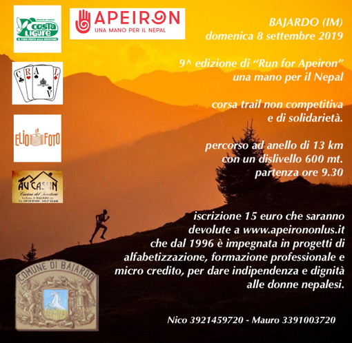 Bajardo: domenica prossima la 9ª edizione di 'Run for Apeiron', corsa amatoriale per beneficenza