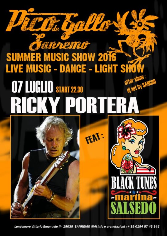 Sanremo: per il ciclo "Summer Music Show"al Pico de Gallo appuntamento speciale con Ricky Portera