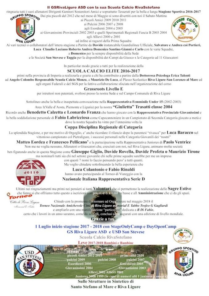 Calcio giovanile. GS Riva Ligure, i ringraziamenti della splendida annata sportiva