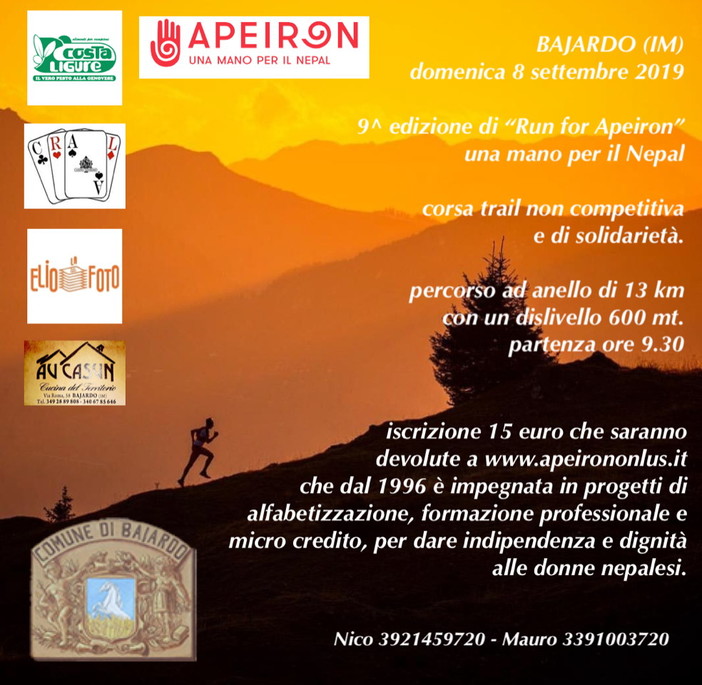Bajardo: domenica prossima la 9a edizione di 'Run for Apeiron', corsa amatoriale per beneficenza