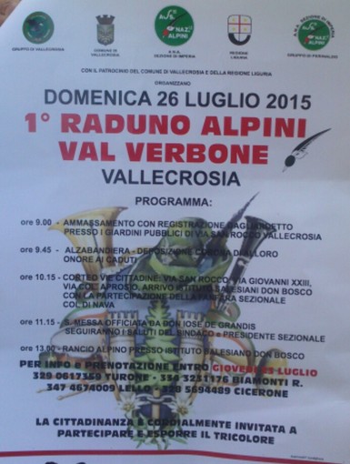 Vallecrosia: domenica 26 luglio il primo raduno degli alpini Val Verbone presso i Giardini pubblici di via San Rocco Vallecrosia: domenica 26 luglio il primo raduno degli alpini Val Verbone presso i Giardini pubblici di via San Rocco