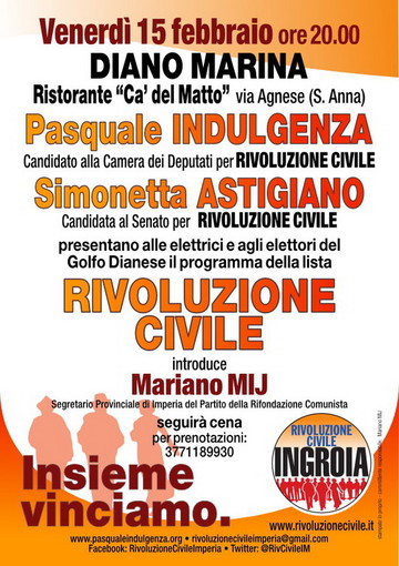 Diano Marina: domani sera al 'Ca' del Matto' incontro dei candidati di Rivoluzione Civile