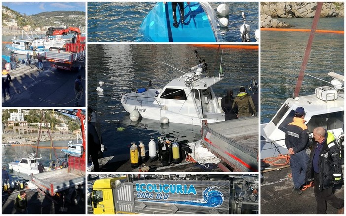 Bordighera: è stato 'girato' il peschereccio affondato ieri, più tardi riapre il porto ed attesa per le immagini delle telecamere (Foto e Video)