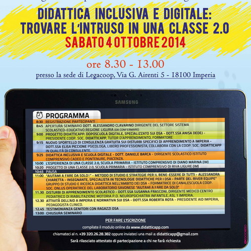 Imperia: sabato prossimo il seminario “Didattica inclusiva digitale: trovare l'intruso in una classe 2.0”