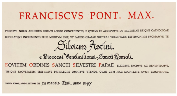 Ventimiglia: Silvio Astini nominato Cavaliere dell’Ordine di San Silvestro Papa