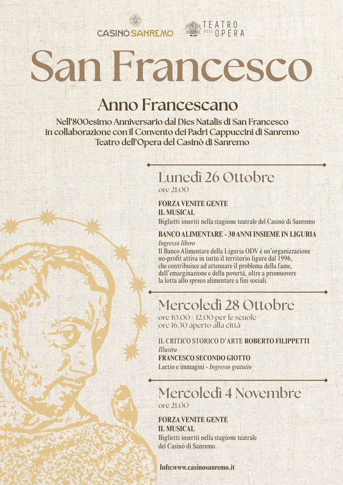 Sanremo celebra gli 800 anni dalla morte di San Francesco: tre appuntamenti al Casinò Sanremo celebra gli 800 anni dalla morte di San Francesco: tre appuntamenti al Casinò