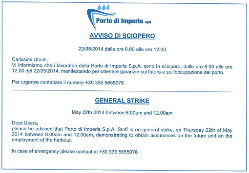 Imperia: oggi al porto turistico sono comparsi i volantini che annunciano lo sciopero di domani
