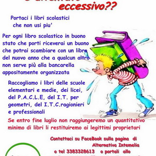 Iniziativa di 'Alternativa Intemelia': torna lo scambio di libri questa volta con i testi scolastici Iniziativa di 'Alternativa Intemelia': torna lo scambio di libri questa volta con i testi scolastici