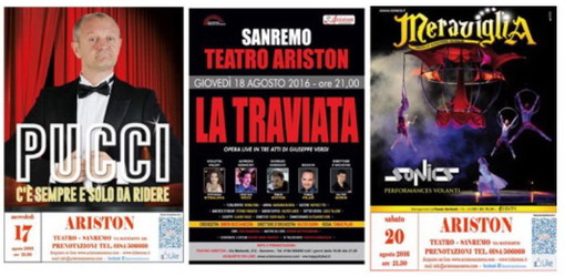 Sanremo: tre appuntamenti tra il 17 ed il 20 agosto al Teatro Ariston. Pucci, La Traviata e gli acrobati Sonics