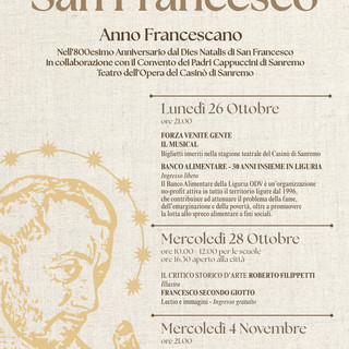 Sanremo celebra gli 800 anni dalla morte di San Francesco: tre appuntamenti al Casinò Sanremo celebra gli 800 anni dalla morte di San Francesco: tre appuntamenti al Casinò